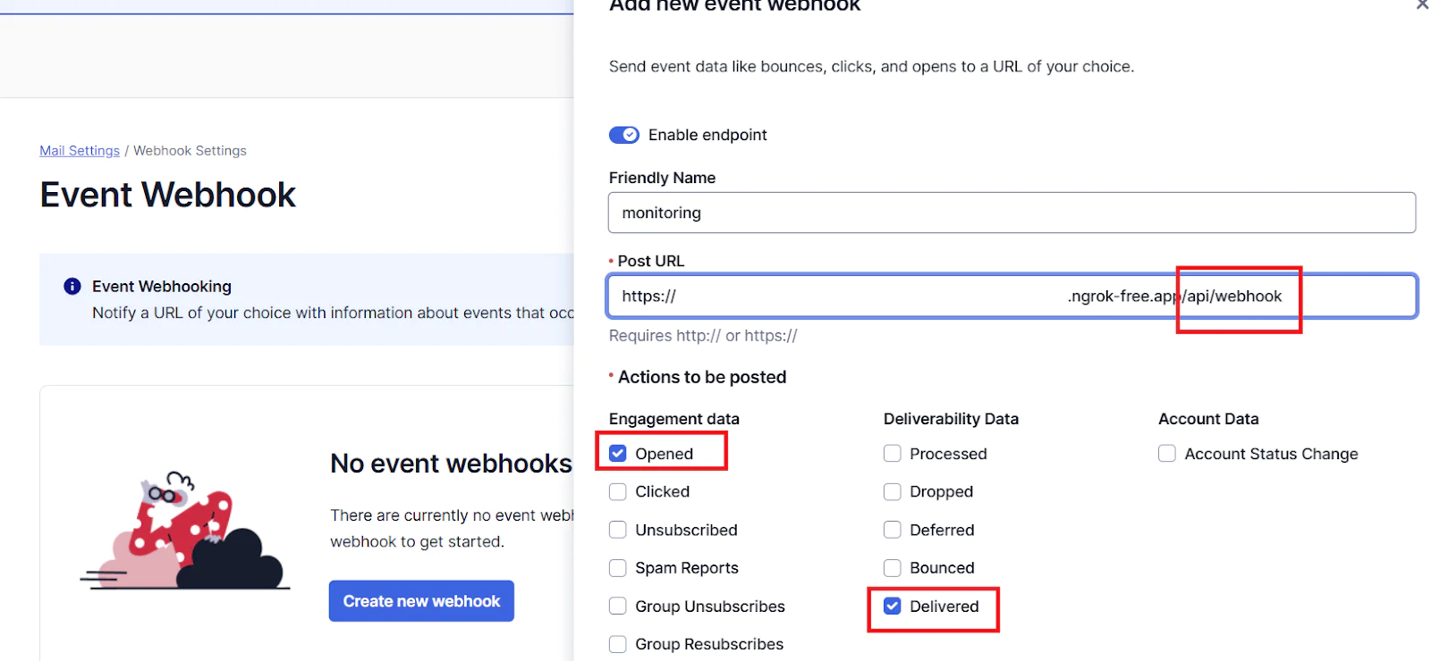 Screenshot of setting up an Event Webhook with options to notify on Opened and Delivered events. Event webhook settings