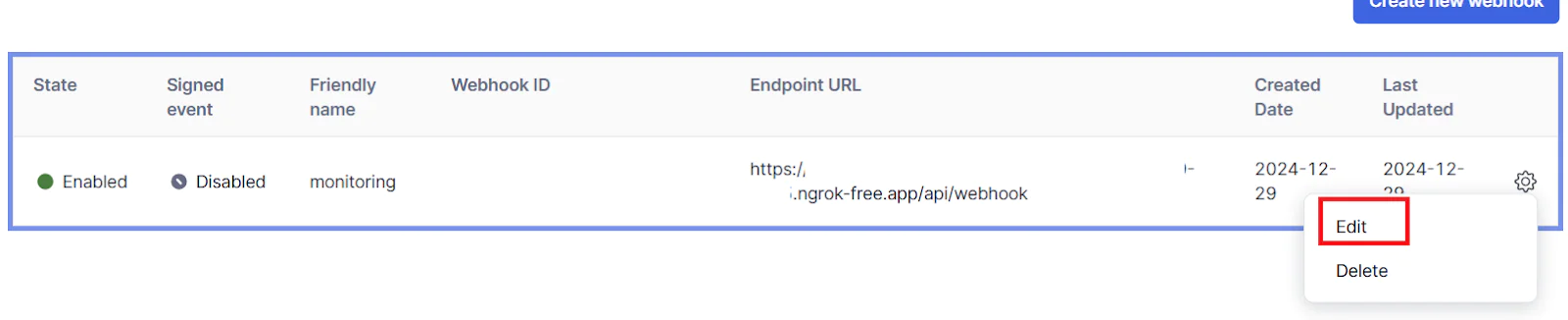 Screenshot of a webhook management interface showing an endpoint URL and edit and delete options. Edit event webhook