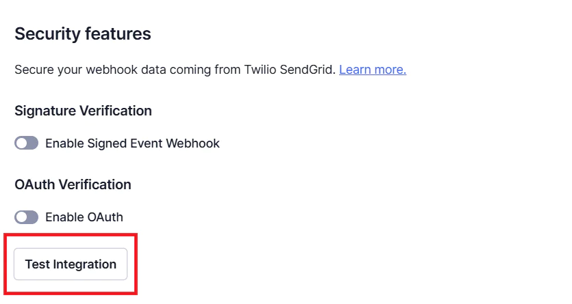 Security settings for Twilio SendGrid, showing options for Signature Verification and OAuth Verification. Test Integration
