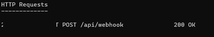 Display of HTTP request log showing a POST request to /api/webhook with a 200 OK status. Test run status