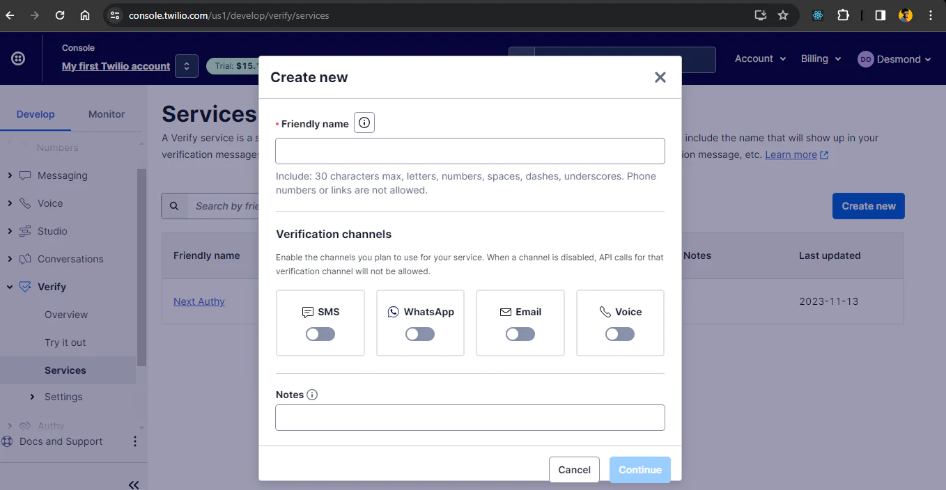 Popup for creating a new Twilio service with fields for friendly name, verification channels, and notes. Creating a Verify sercive from Twilio console