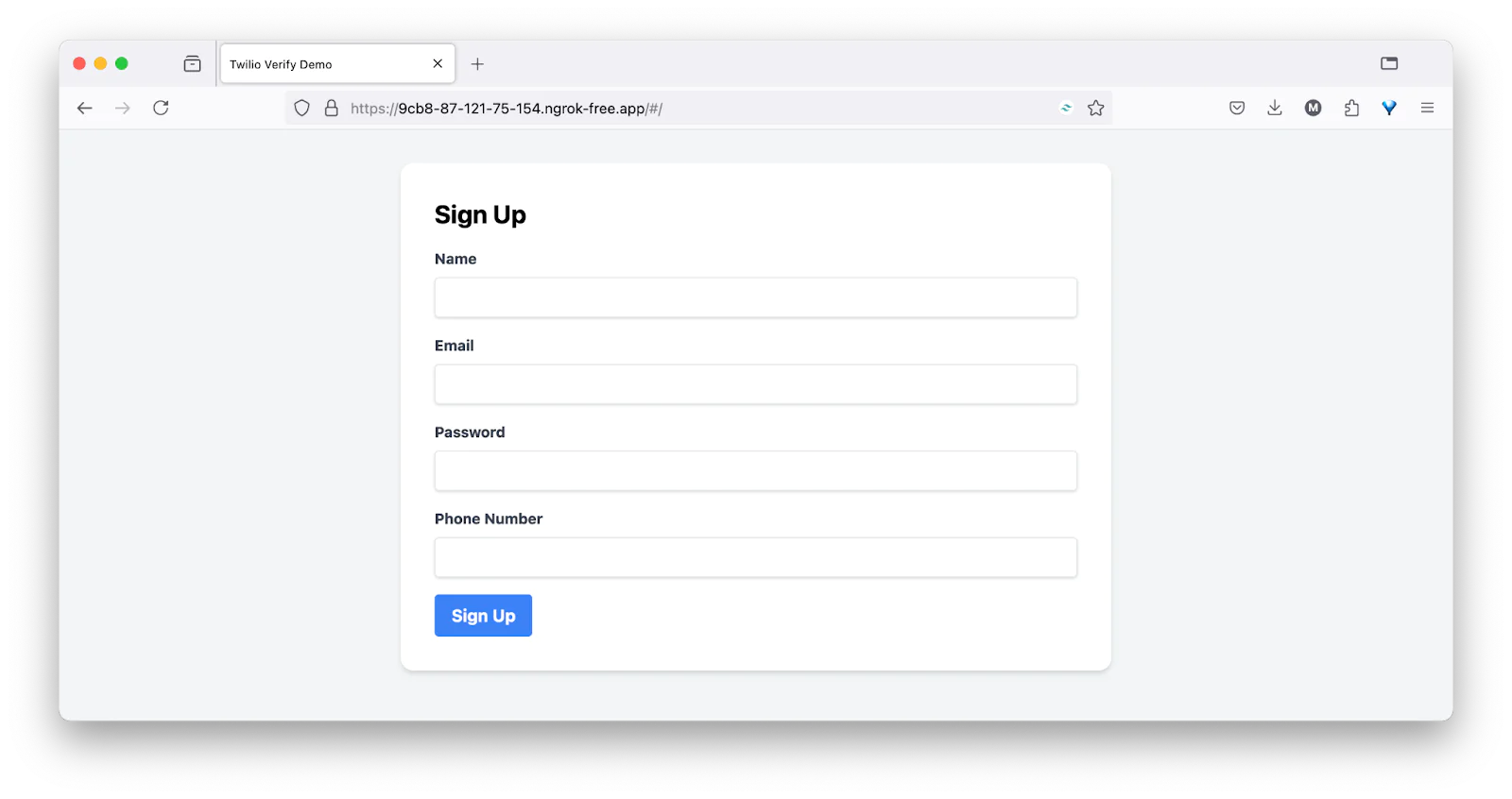 Sign up form with fields for name, email, password, and phone number on a Twilio Verify demo page. Sign up form with fields for name, email, password, and phone number on a Twilio Verify demo page.