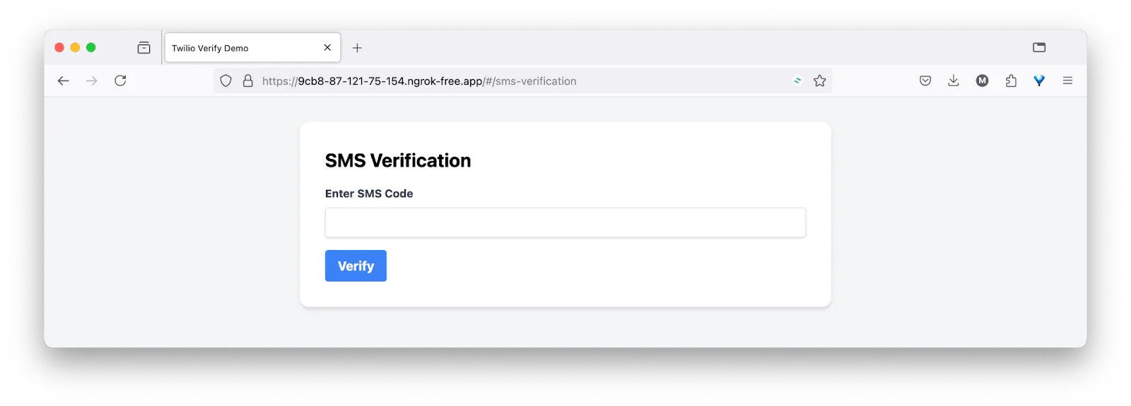 SMS verification page of Twilio Verify Demo with input field for SMS code and verify button SMS verification page of Twilio Verify Demo with input field for SMS code and verify button