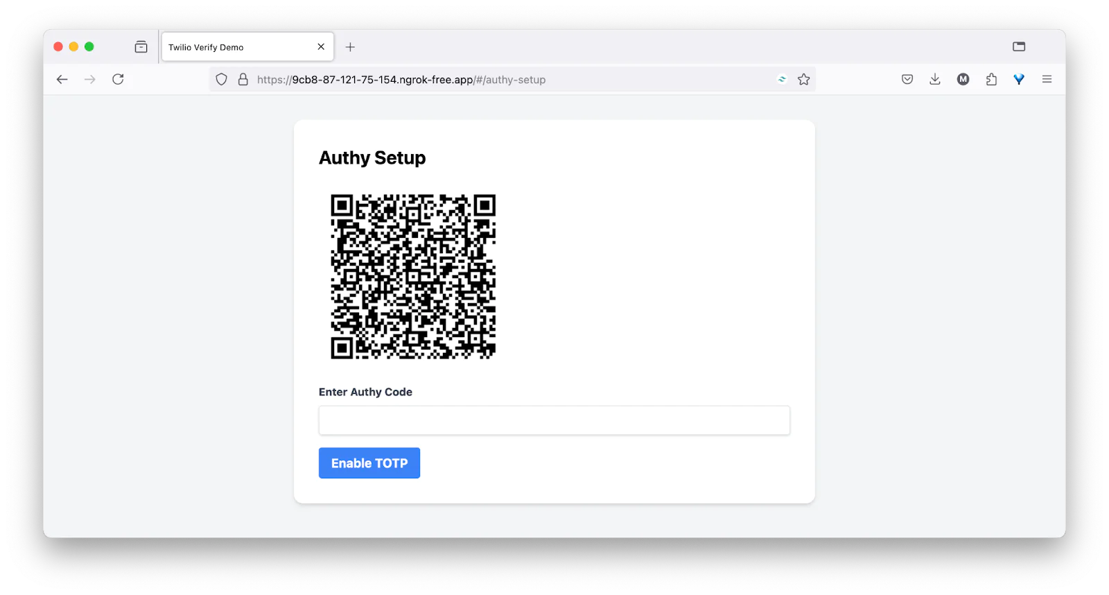 Authy setup page with QR code and field to enter Authy code, plus a button to enable TOTP. Authy setup page with QR code and field to enter Authy code, plus a button to enable TOTP.