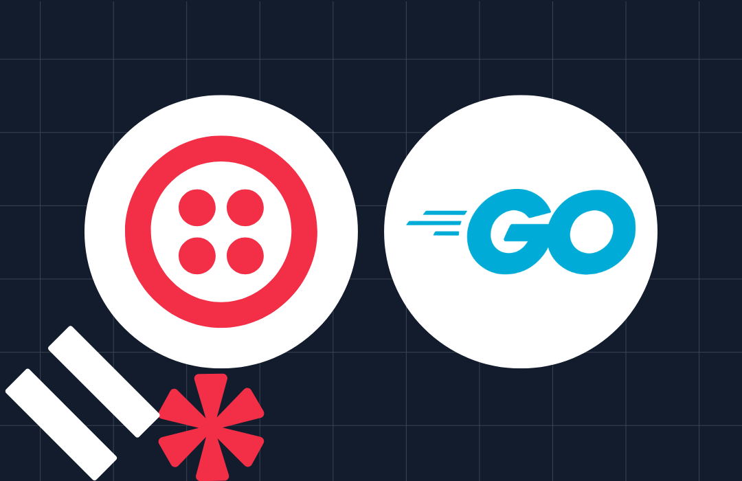 Twilio and Go Programming Language logos on a dark grid-patterned background with additional design elements.