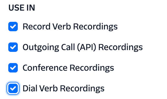 Checklist for Recording Options in a Twilio add-on Checklist with options for Record Verb Recordings, Outgoing Call Recordings, Conference Recordings, and Dial Verb Recordings.