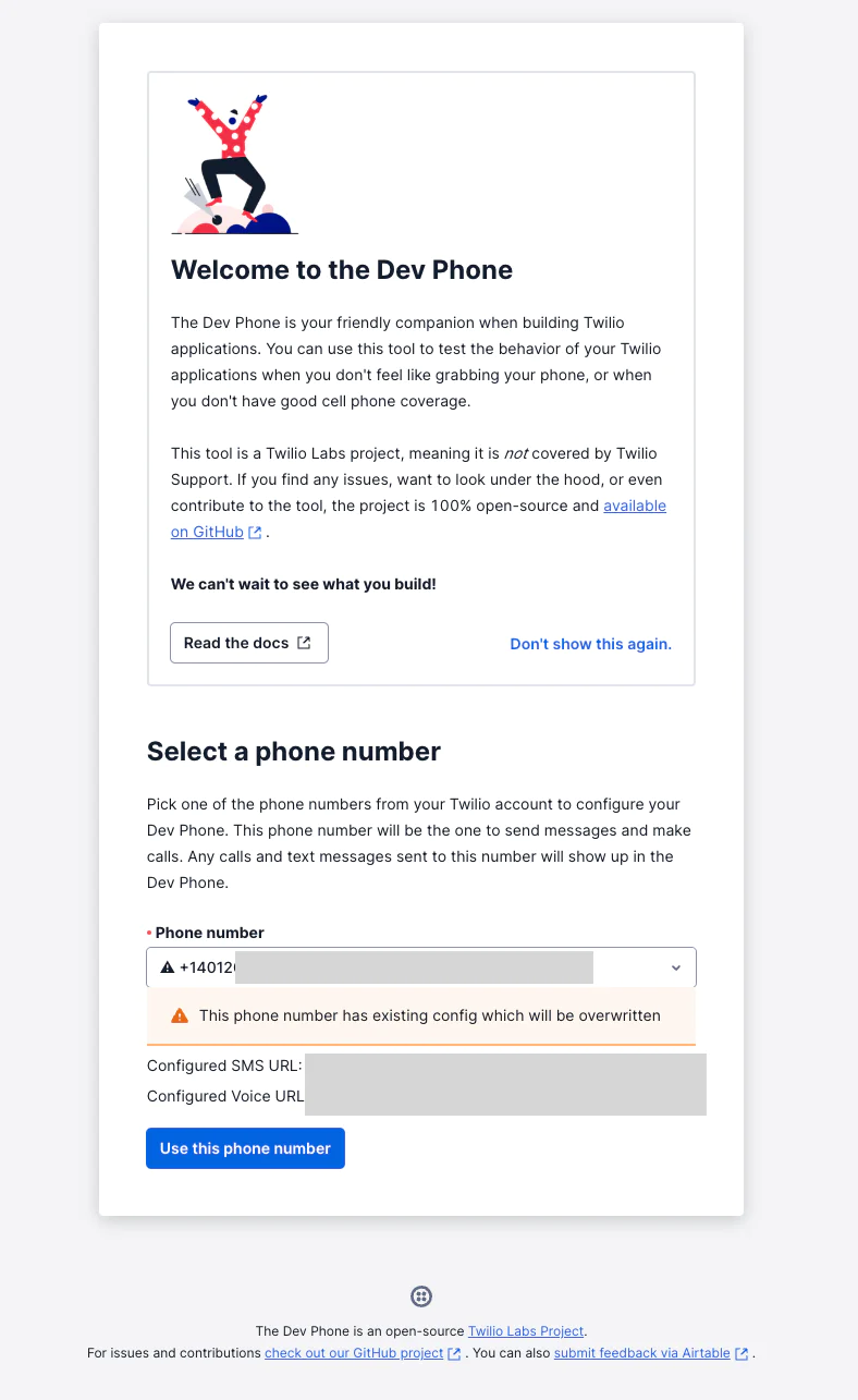 Screenshot of Twilio Dev Phone setup page with phone number selection and configuration options. Screenshot of Twilio Dev Phone setup page with phone number selection and configuration options.