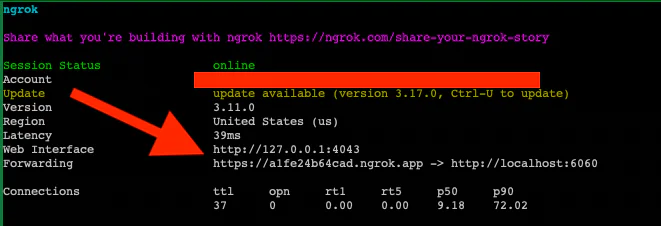 Ngrok Session Status Showing Online with Update Available Screenshot showing Ngrok session status as online with update available and forwarding URLs provided.