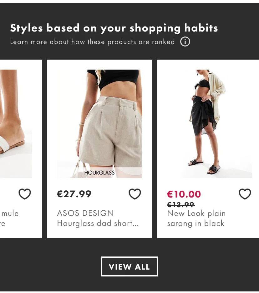 Personalized ASOS shopping page