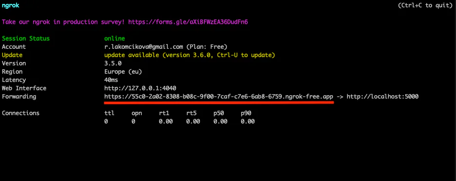 Terminal window showing Forwarding URL provided by ngrok