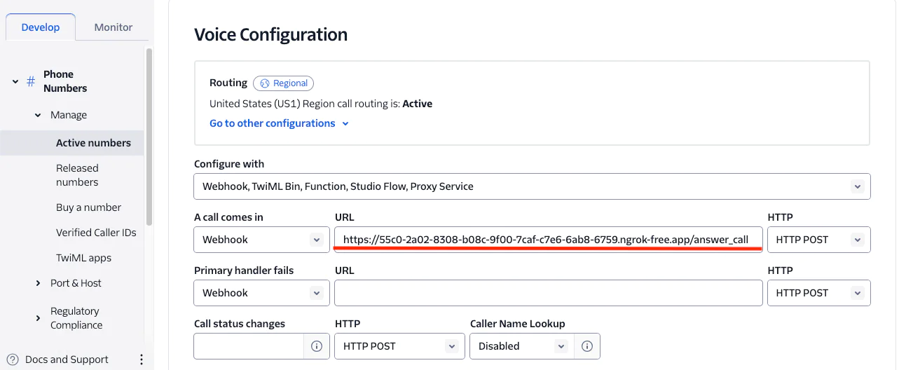 Twilio Console showing the Voice Configuration options