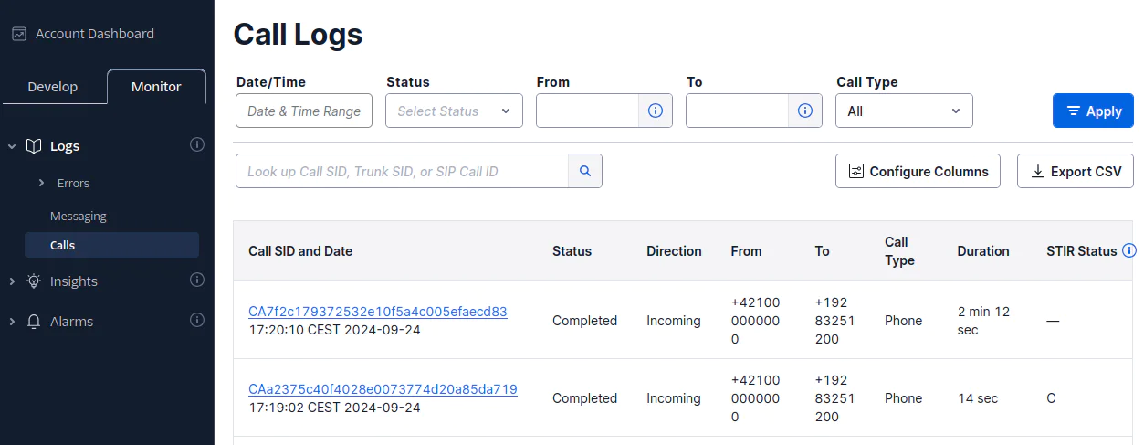 Twilio Console showing the call logs