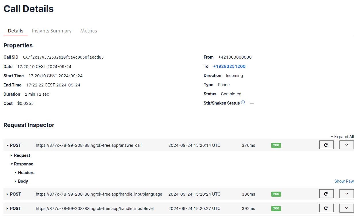 Twilio Console showing the call details