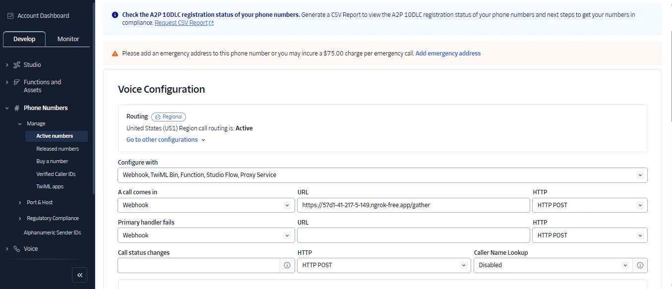 Interface showing settings for voice configuration on a dashboard with options for routing and configuration. Screenshot of the Voice Configuration page on the Twilio console.