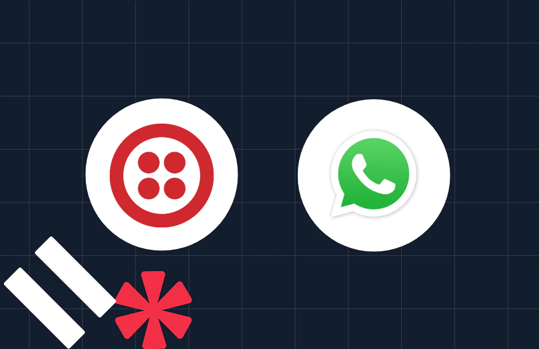 Champion Posts - Card-developer-logo-3 (2) Red Twilio logo and green WhatsApp logo on a dark grid background.