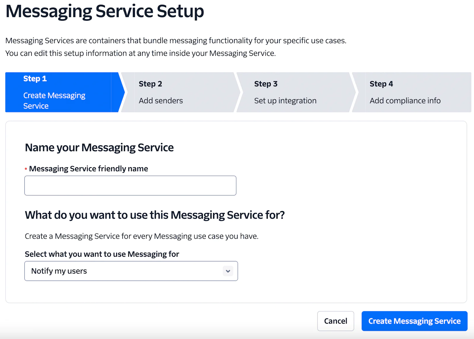 User interface for setting up a messaging service with steps User interface for setting up a messaging service with steps