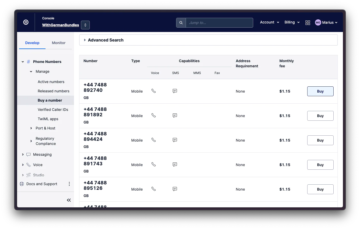 Twilio Console to purchase a number