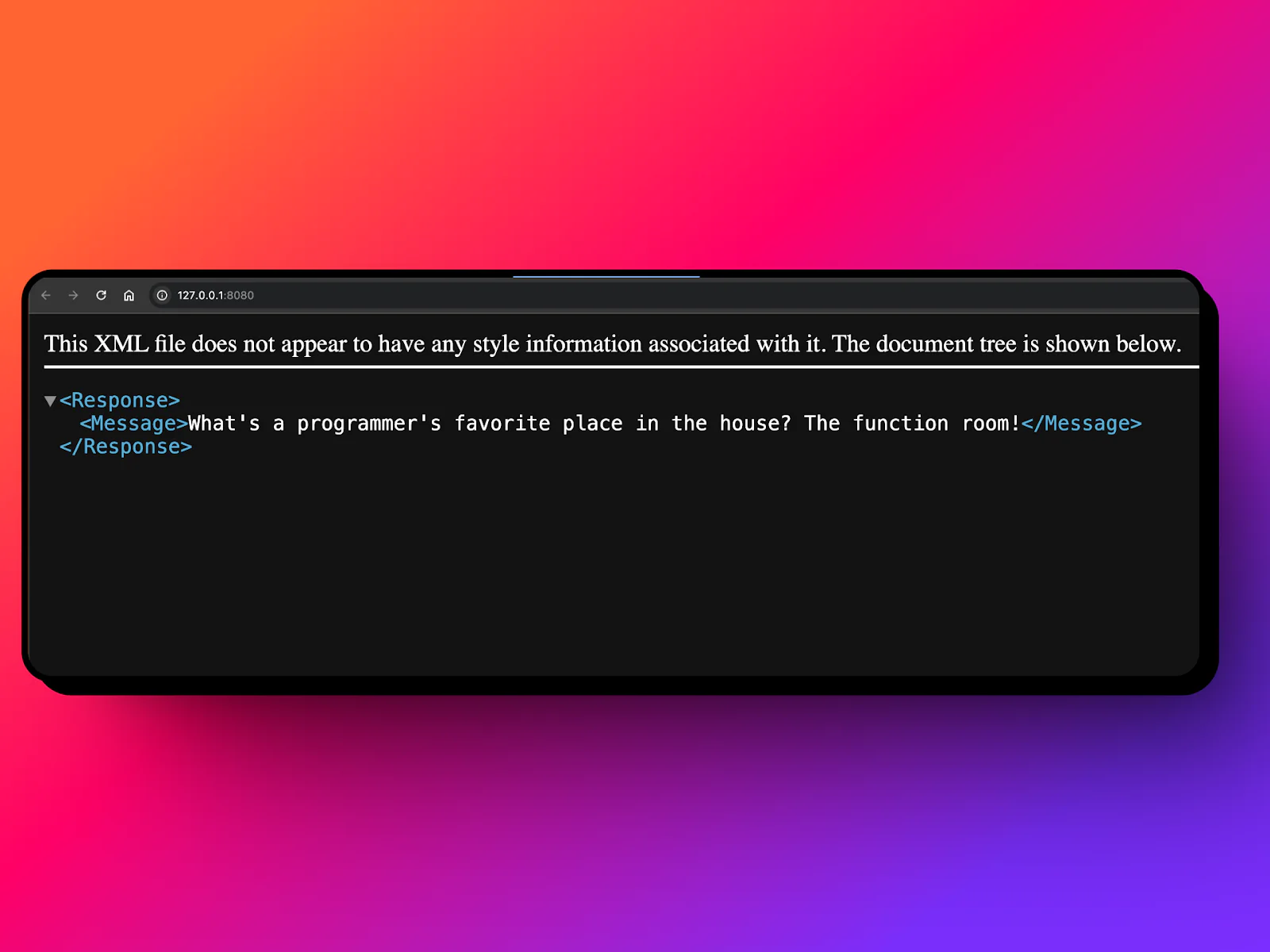 XML file with a programmer joke about a function room displayed on a colorful gradient background. XML file with a programmer joke about a function room displayed on a colorful gradient background.