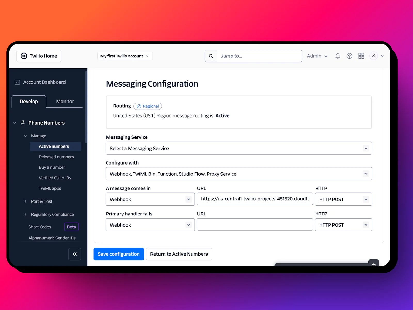 Screenshot of Twilio platform's messaging configuration settings, showing routing and webhook options. Screenshot of Twilio platform's messaging configuration settings, showing routing and webhook options.