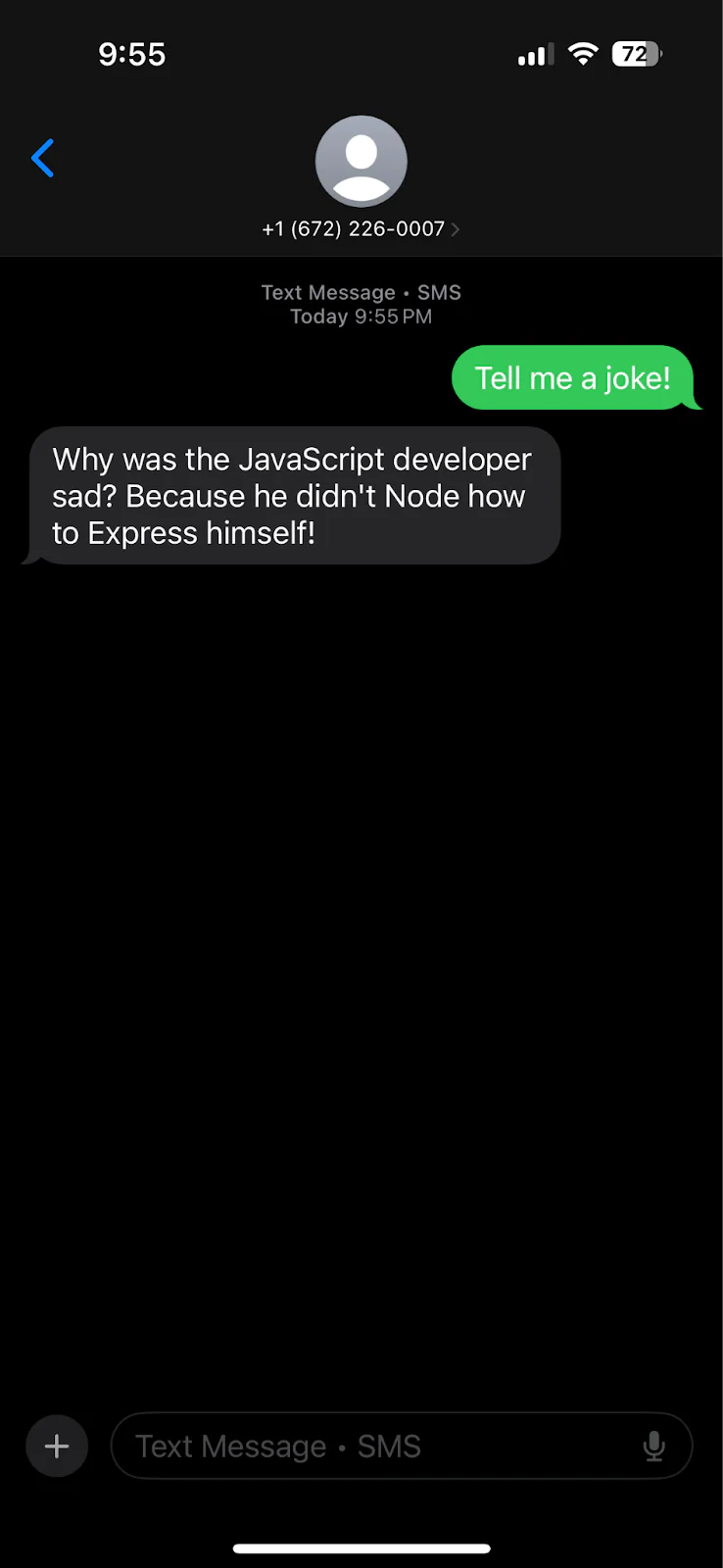 SMS conversation with a joke about a JavaScript developer who didn't know how to express himself. SMS conversation with a joke about a JavaScript developer who didn't know how to express himself.