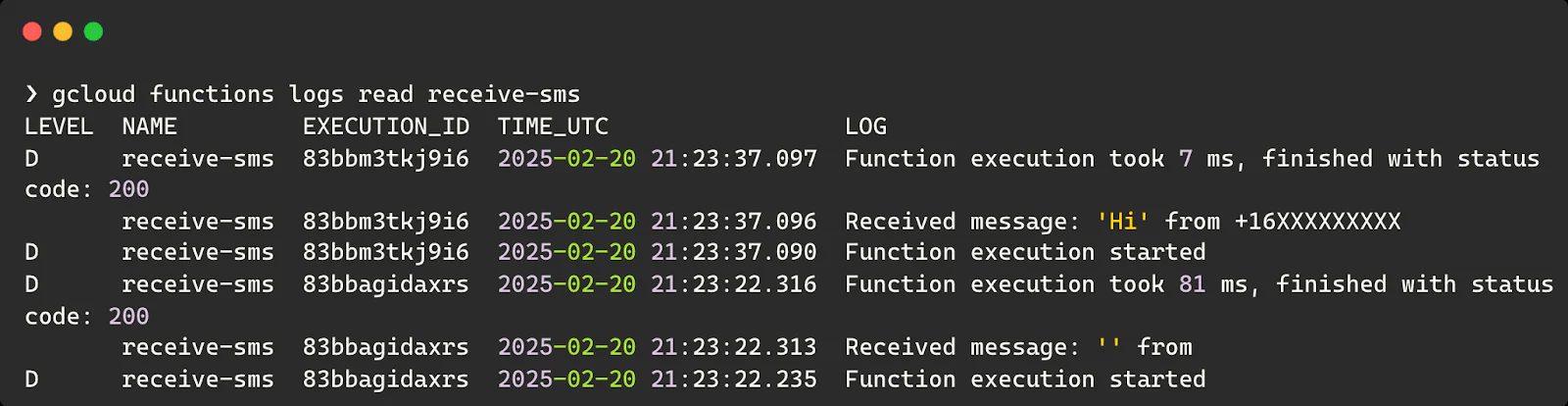 Log entries showing the execution of a receive-sms function capturing SMS messages with timestamps and status codes. Log entries showing the execution of a receive-sms function capturing SMS messages with timestamps and status codes.