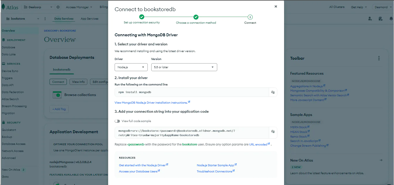 Connection options for using MongoDB Node.js driver.