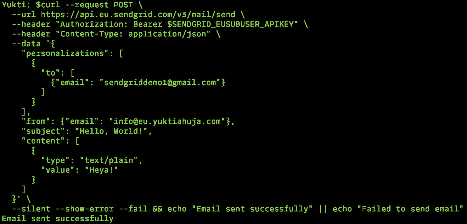 EU SendGrid email sent successfully on the command line