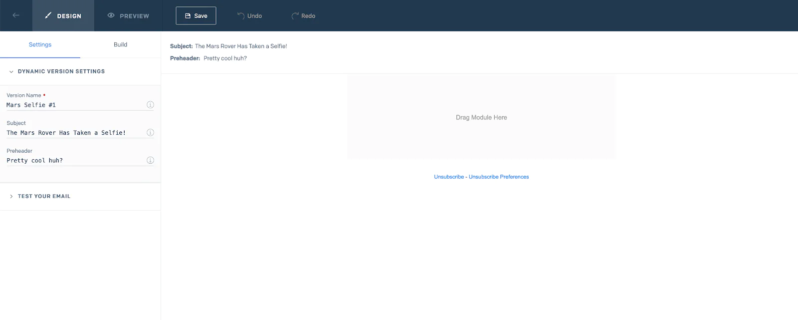 Email design interface showing options to edit subject, preheader, and add modules. Setting a subject line for your email