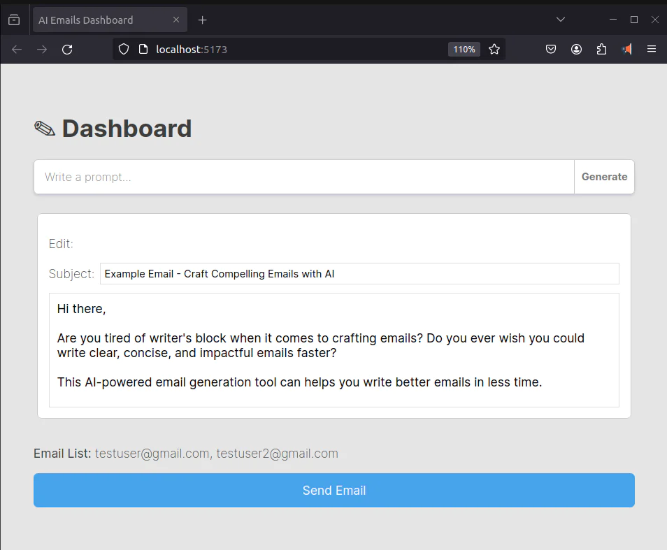 User Interface of AI Email Dashboard Application