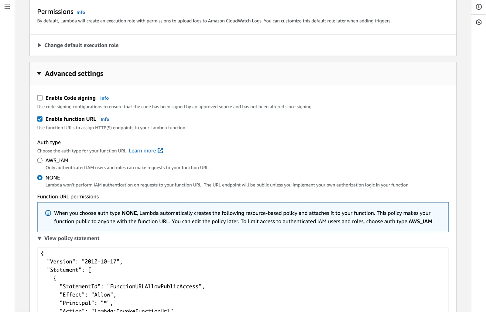 Advanced Settings tab of Lambda Function creation wizard to enable function URL
