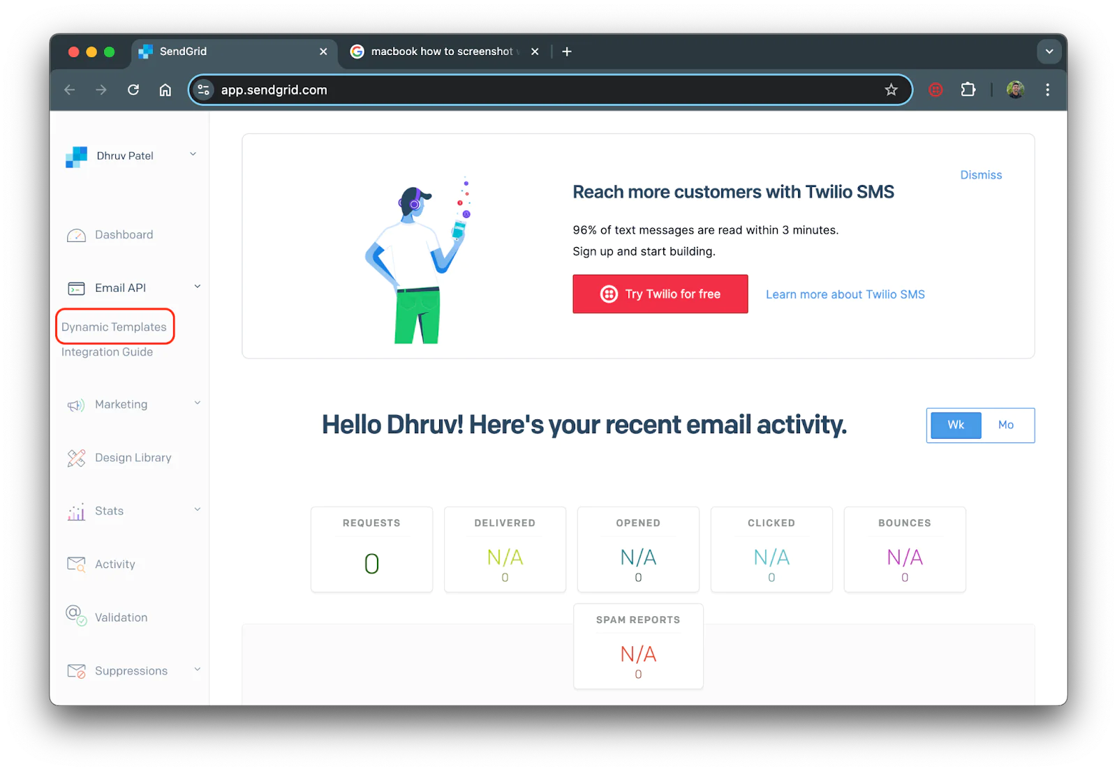 Screenshot showing main page of sendgrid dashboard with a red box around the dynamic template button on the left sidebar.