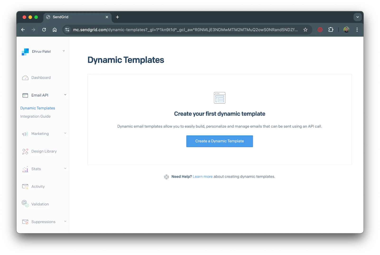 Screenshot showing dynamic templates menu. A blue button with the test "Create a Dynamic Template" is shown in the middle of the menu.