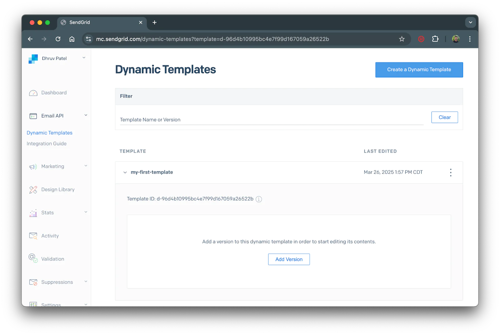The dynamic templates menu showing with the new template as an option.