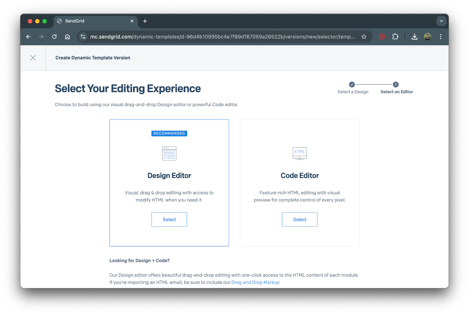 Screenshot showing a menu of which editing experience to choose from. One option is design editor and the other is code editor.