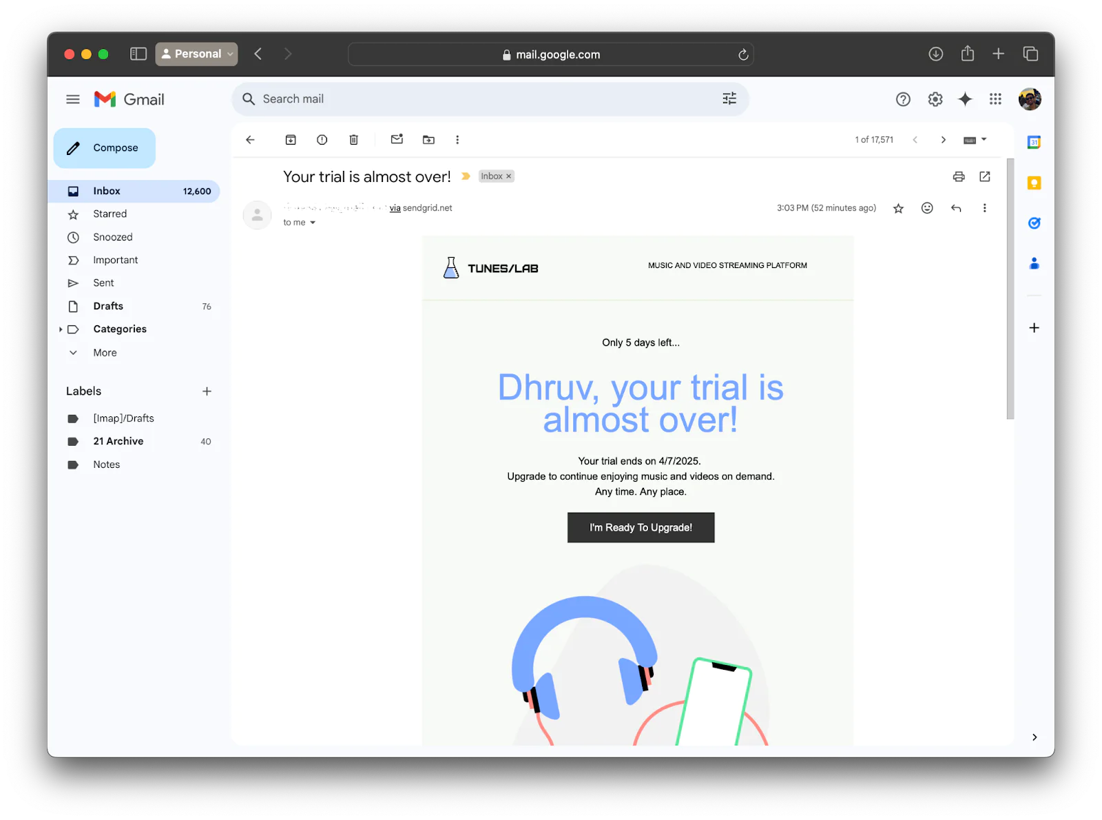 A personalized email sent from the Node.js application that shows the trial end template personalized with the customers name and trial end date.