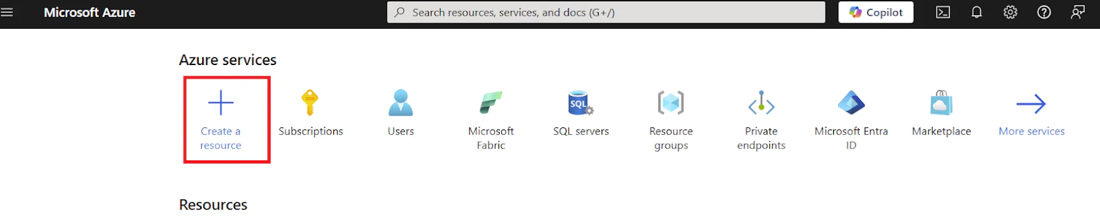 Microsoft Azure dashboard displaying various service options with a highlighted Create a resource button. Create Azure resource