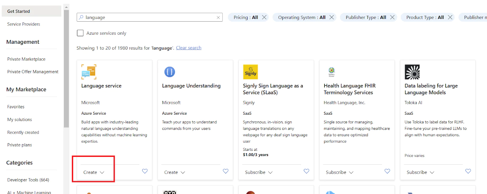 Screenshot of Azure Marketplace showing various language-related services available for selection. Create a language service
