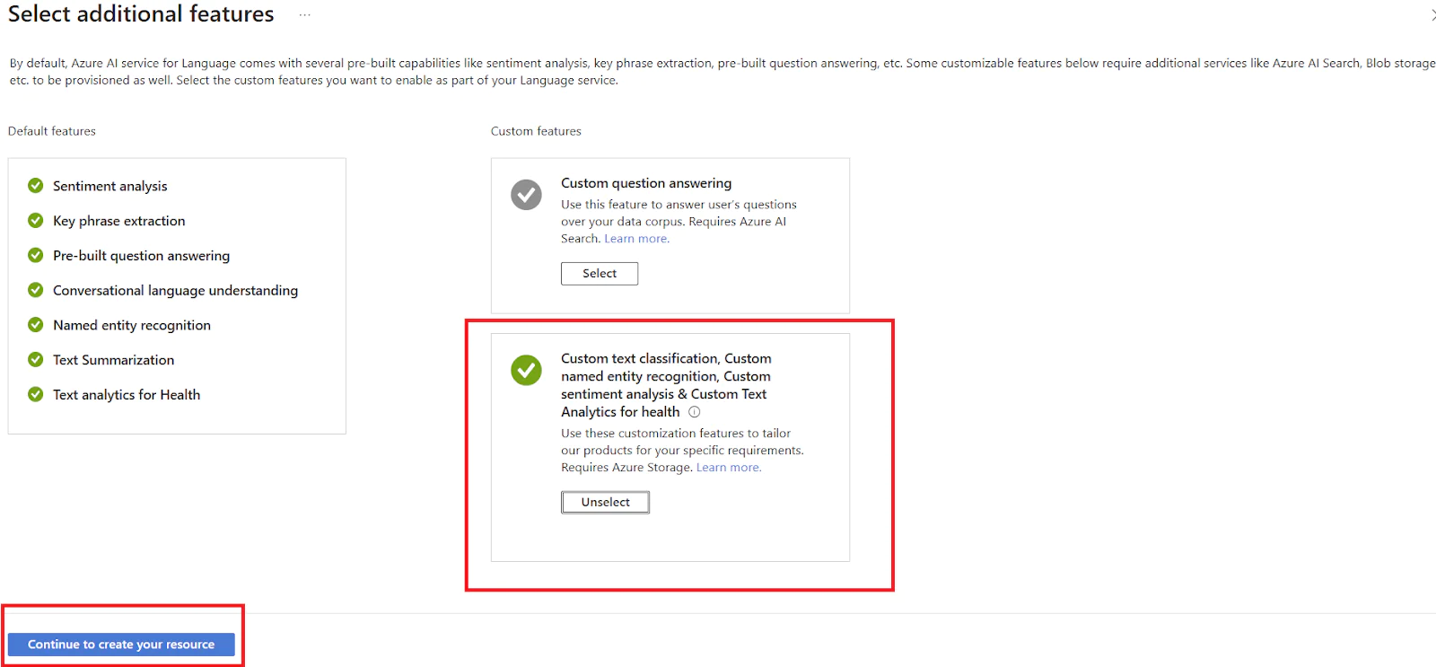 Azure portal screen for selecting additional Language Service features, with custom features highlighted. Azure portal screen for selecting additional Language Service features, with custom features highlighted.