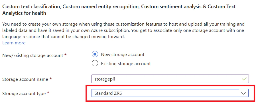 Screenshot of Azure setup prompt for custom text analytics with a highlighted storage account type dropdown. Screenshot of Azure setup prompt for custom text analytics with a highlighted storage account type dropdown.