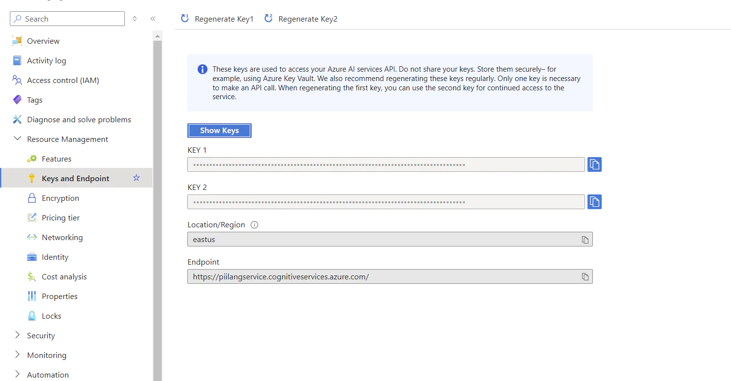 Screenshot of Azure AI Services Key Management interface with options to regenerate keys. Screenshot of Azure AI Services Key Management interface with options to regenerate keys.