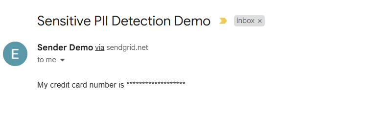 Email showing masked credit card information for demo purposes. Redacted email