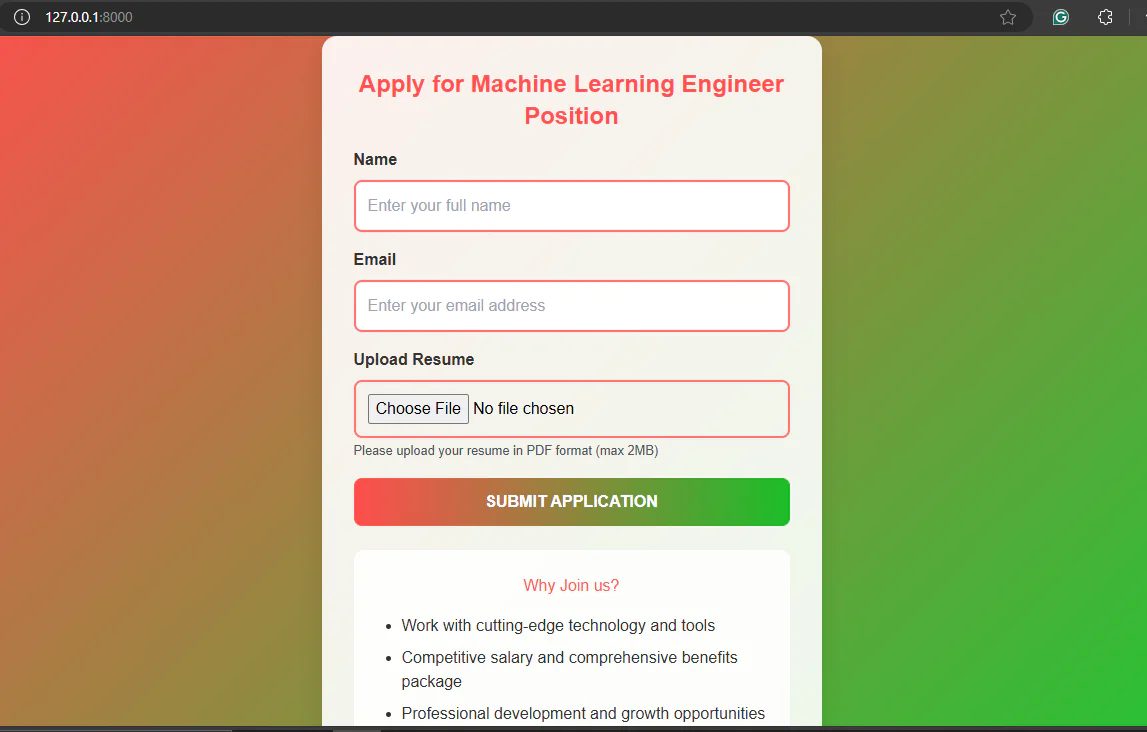 Web page form for applying to a machine learning engineer position with fields for name, email, and resume upload. Hiring Assistant homepage