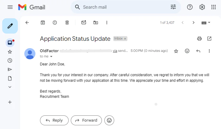 Email stating application status update with rejection from OldFactory company recruitment team Rejected Application