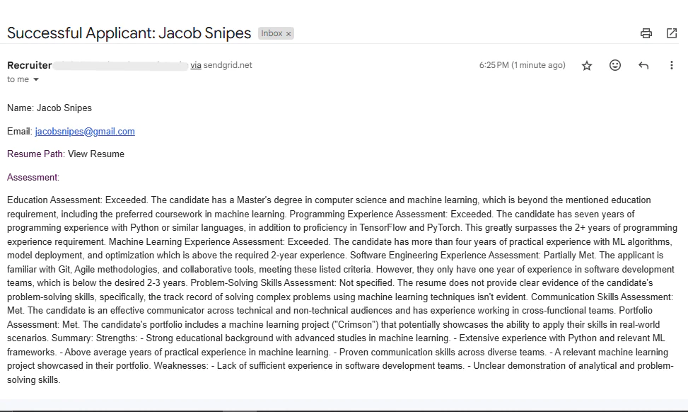 Email showing a detailed candidate assessment for Jacob Snipes with strengths and weaknesses. Successful Applicant
