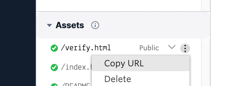 Dropdown menu in the Assets section showing options to copy URL or delete the verify.html file Dropdown menu in the Assets section showing options to copy URL or delete the verify.html file
