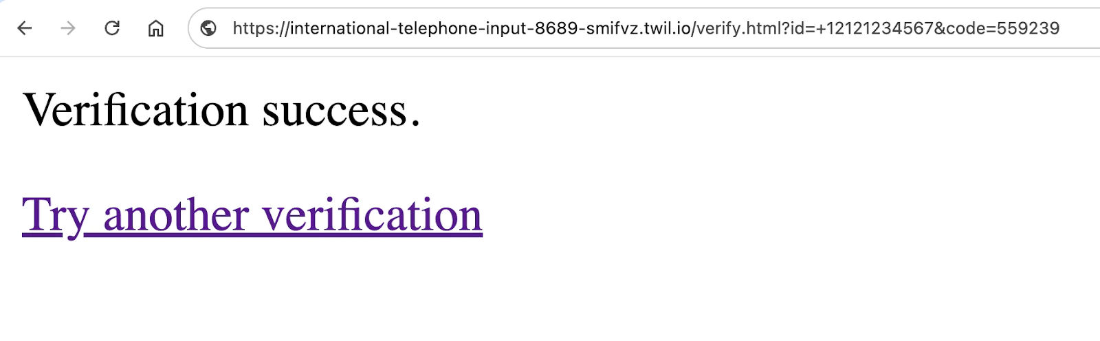 Webpage showing verification success with a link to try another verification Webpage showing verification success with a link to try another verification