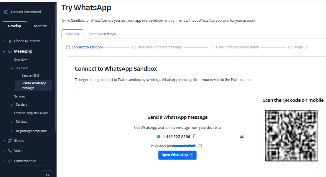 Twilio console showing WhatsApp Sandbox setup instructions and QR code. Twilio Whatsapp Setup
