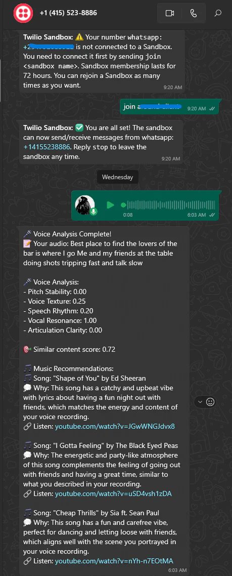 A WhatsApp conversation displaying Twilio Sandbox setup and voice analysis results from various songs. Successful result of Audio Identification