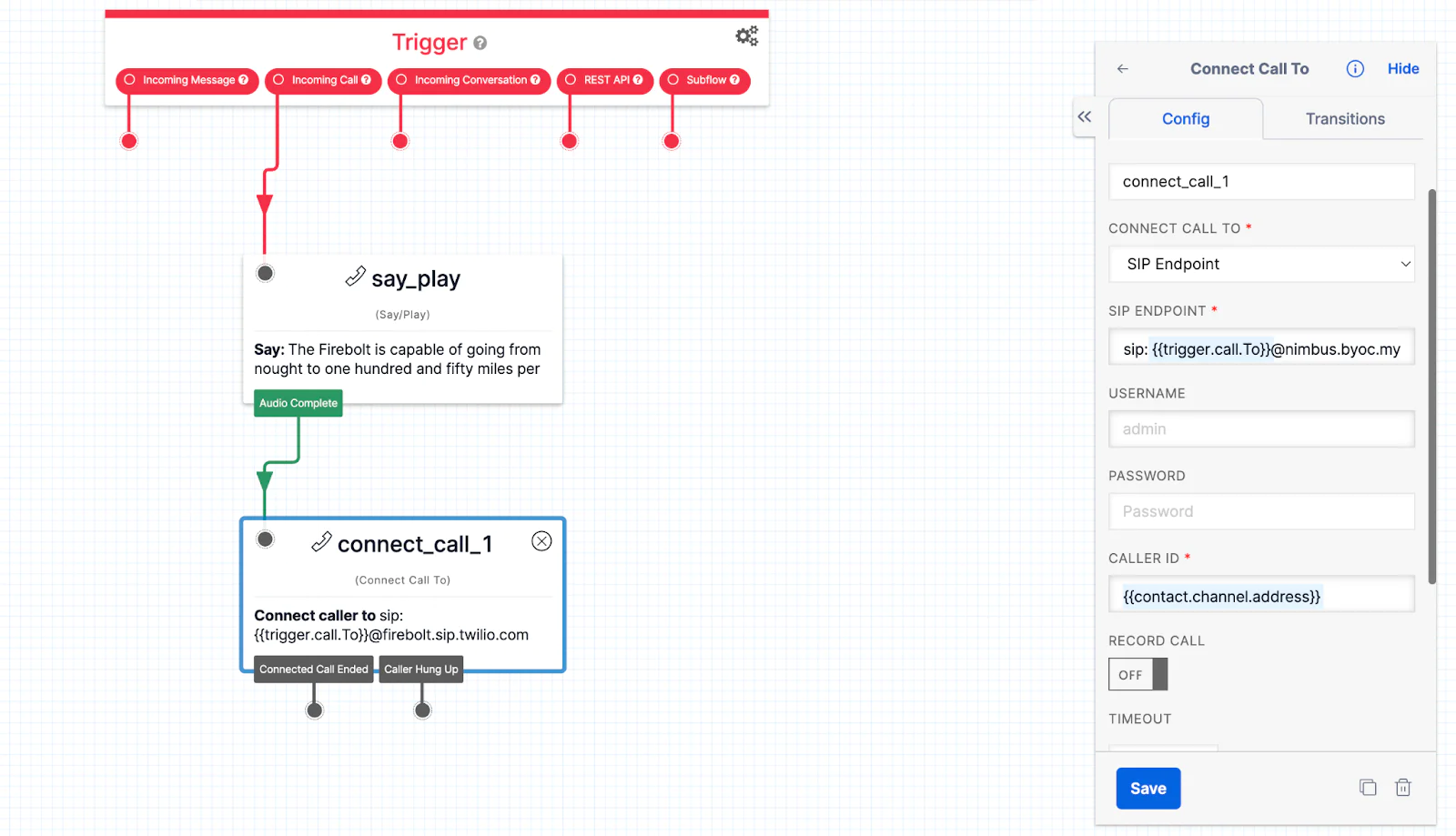 A screenshot of a Studio Flow with multiple connected widgets in the Twilio Console.