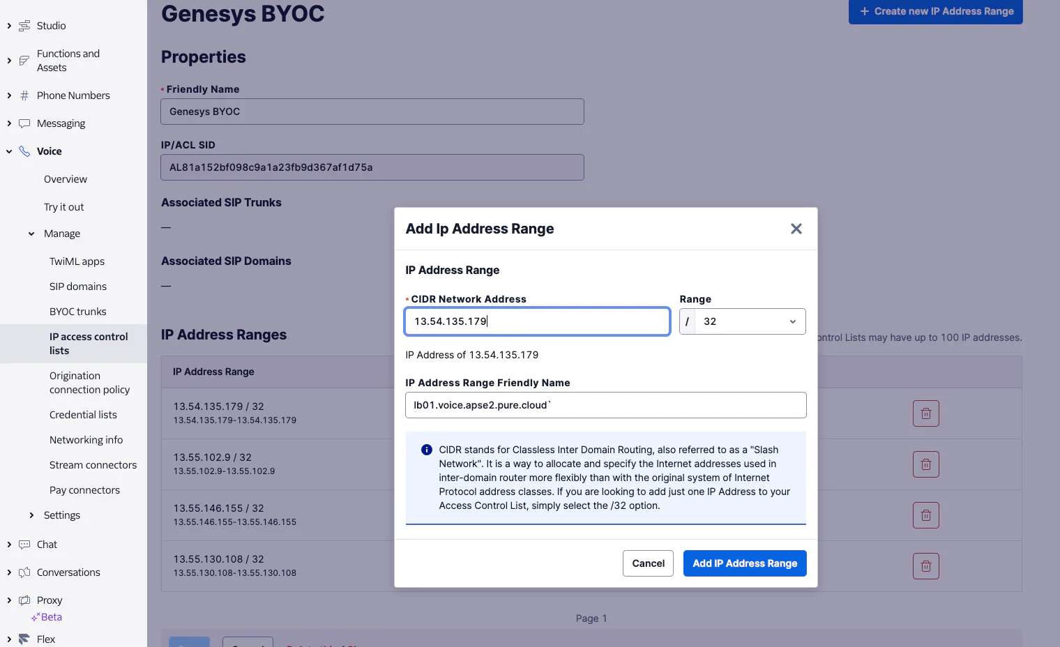 A screenshot of the IP Access Control Lists page in the Twilio Console.